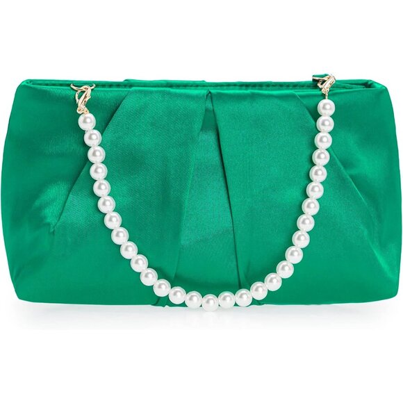 ⚡ Women\'s Green Evening Formal Pleated Satin Fabric Zipper Closure Clutch Bag
